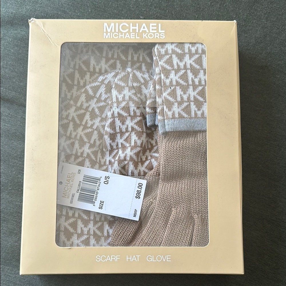 Michael Kors Beige Scarf, Hat, and Glove Set